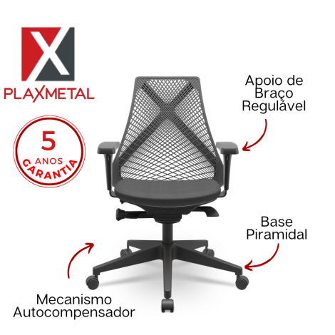 Cadeira Plaxmetal BIX Presidente Tela Preta / Rodízios PA 50mm / Bases /Estruturas Piramidal / Mecanismos Autocompensador / Apoios de braço Regulável